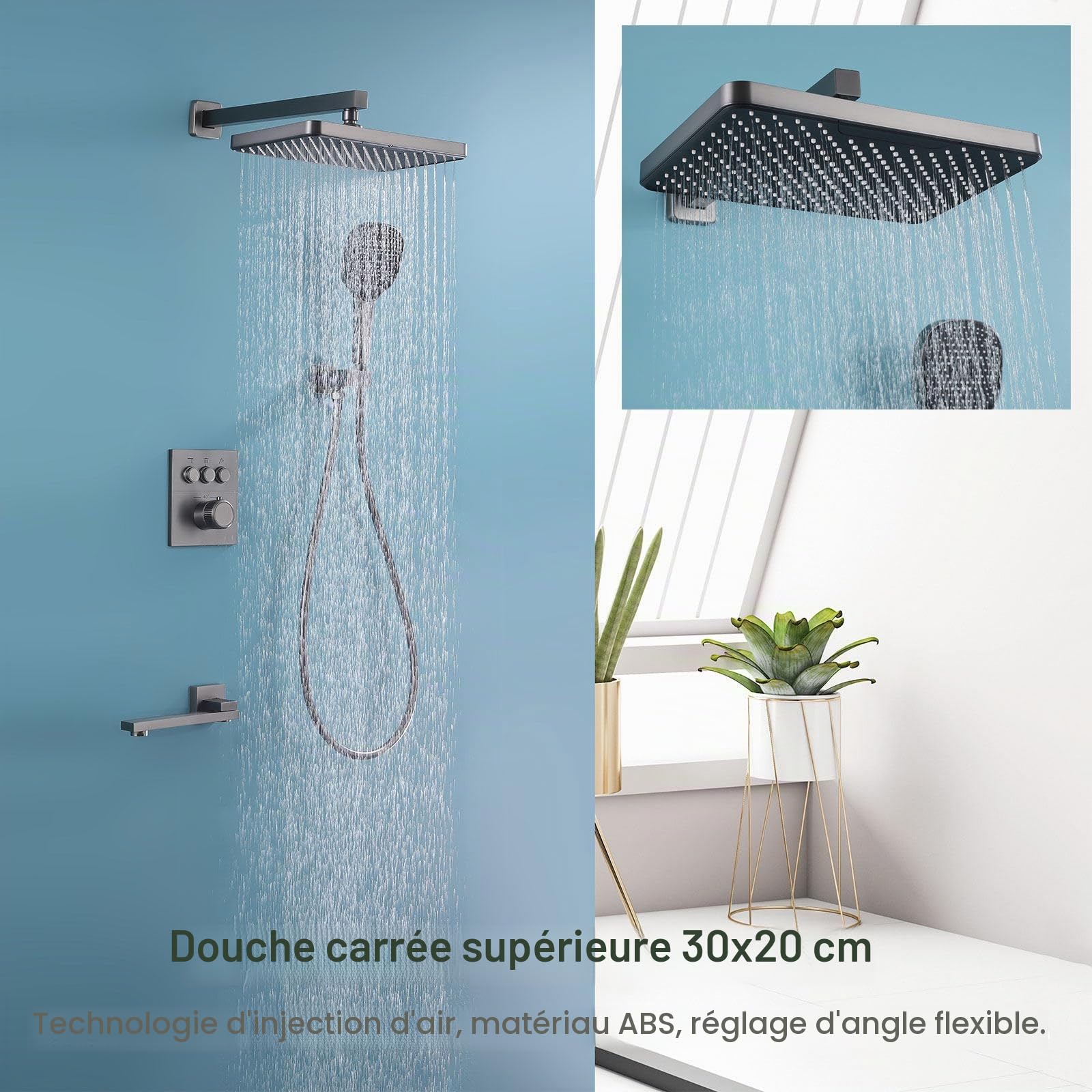 Colonne de Douche Encastrée, HSS0465 Moderne Ensemble de Douche Thermostatique, 30x20cm Pluie Systèmes de Douche, Touches du Piano, Douchette à Main 3 Modes, Robinet de Baignoire Pliable