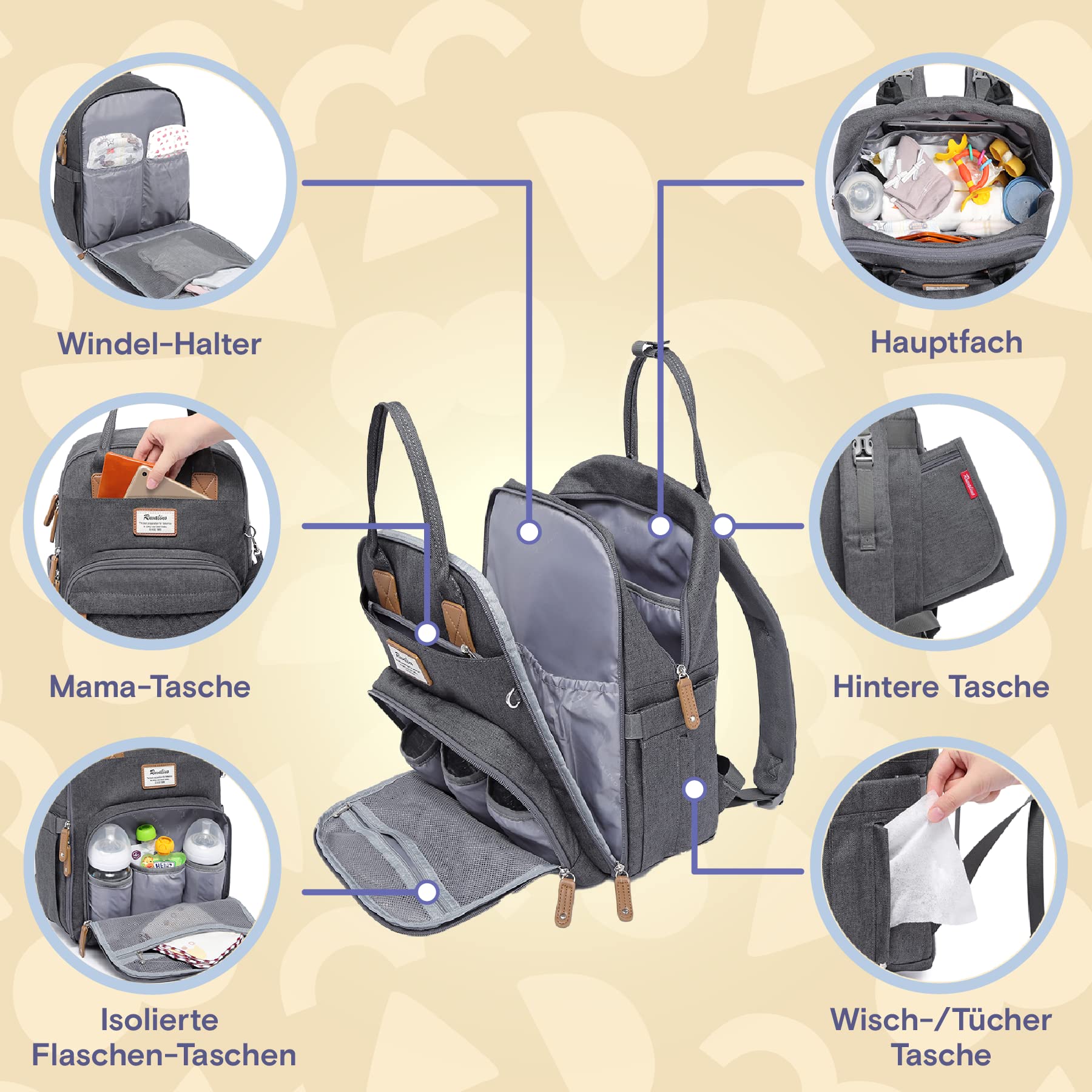 RUVALINO Baby Wickelrucksack Wickeltasche Rucksack mit tragbarer Wickelauflage, Schnullerhalter und Kinderwagengurten, Babytasche Multifunktional für Mama und Papa, Dunkelgrau