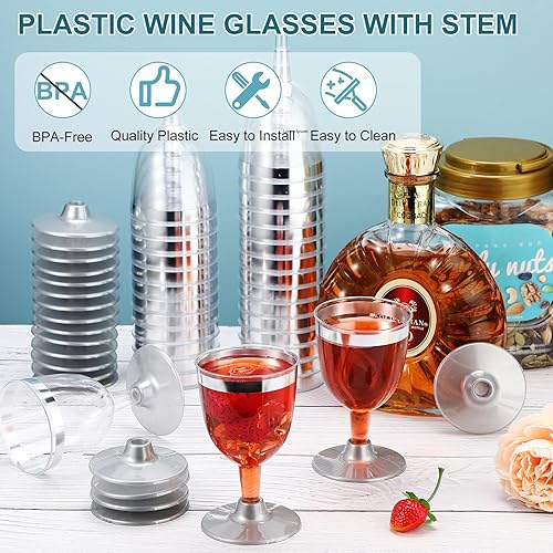 Miniatura 4 de 48 copas de vino de plástico desechables de 6 onzas, copas de vino para fiestas, vasos de plástico duro con tallo apilables, copas de plástico para