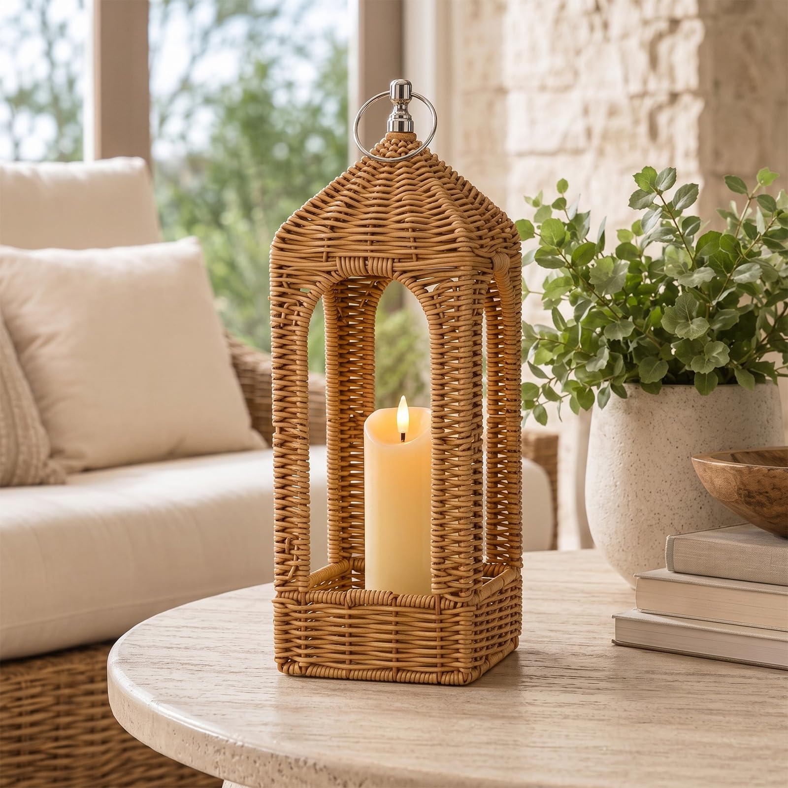 View 1 of 14.5 Inch Natural Rattan Decorative Lantern with LED Flameless Candle