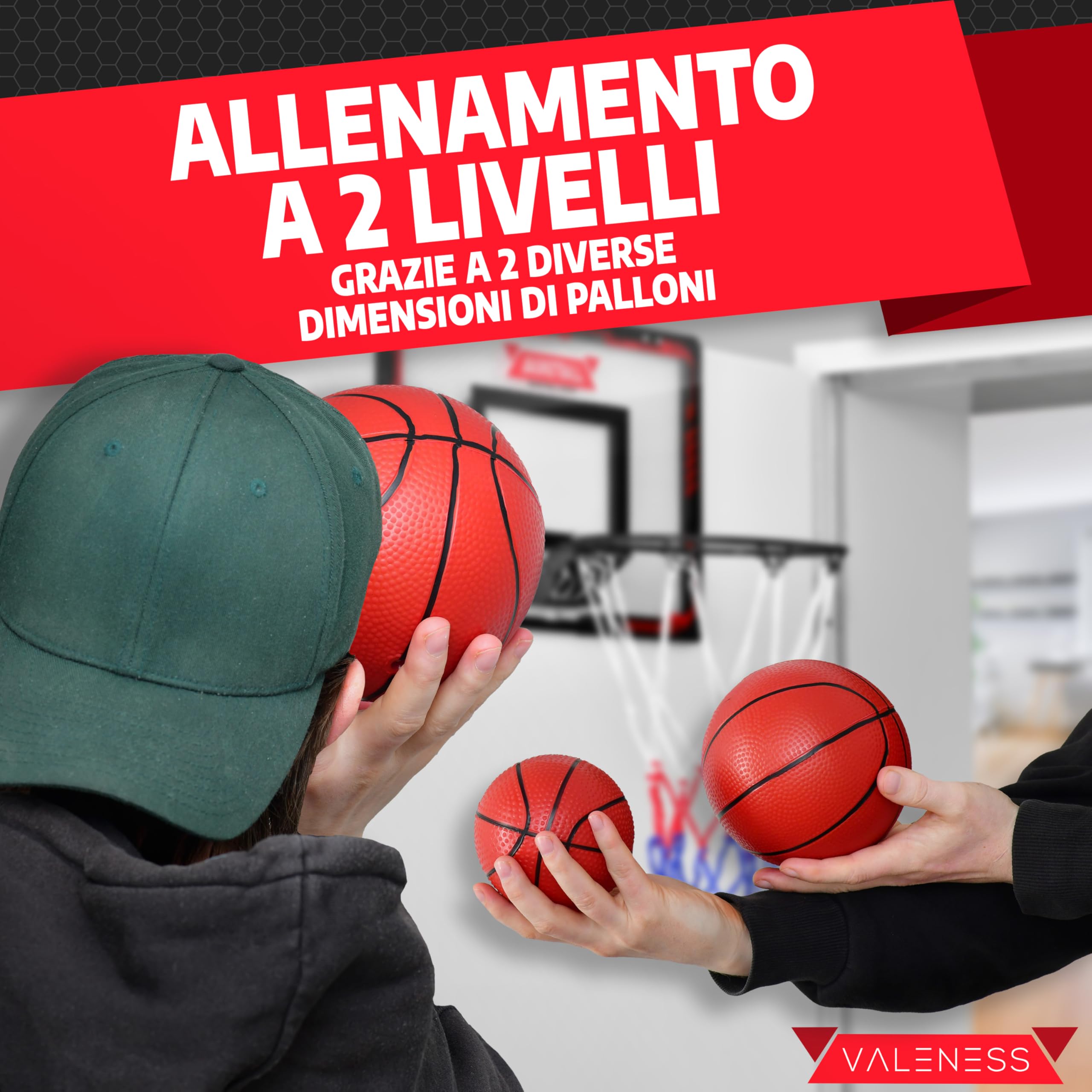 VALENESS® Mini Canestro da Basket da Interno [per Porta & Parete] - Piccolo Canestro con Funzione Schiacciata, 4 Palloni, Pompa & Accessori di Montaggio - per Bambini e Adulti