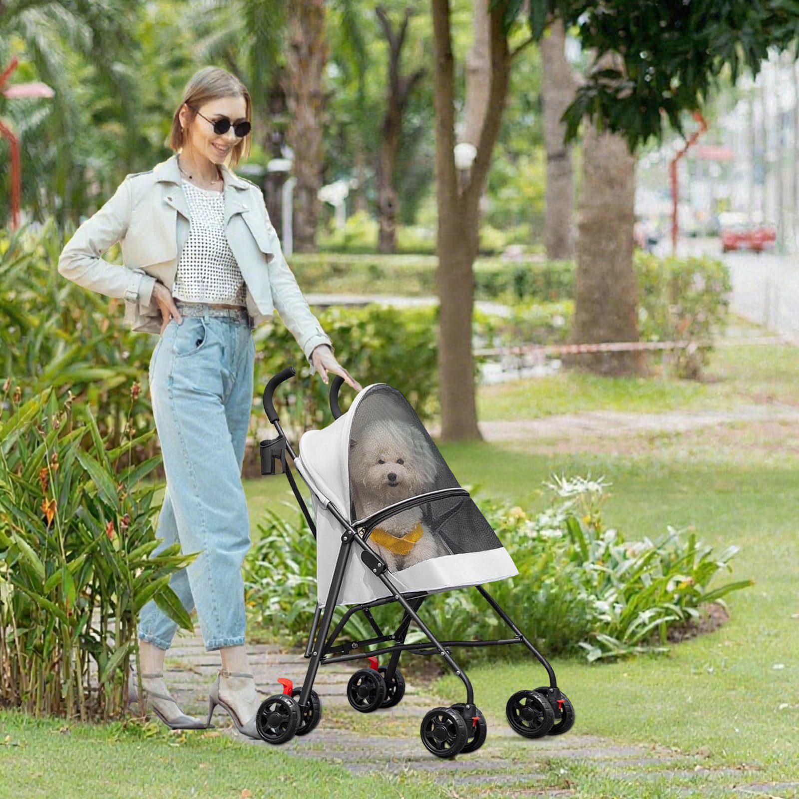 OHMG Passeggino pieghevole animali carrello pieghevole impermeabile cane gatto porta bicchiere cestino portaoggetti incluso ruote con freno tessuto 600D Oxford acciaio copertura antipioggia inclusa