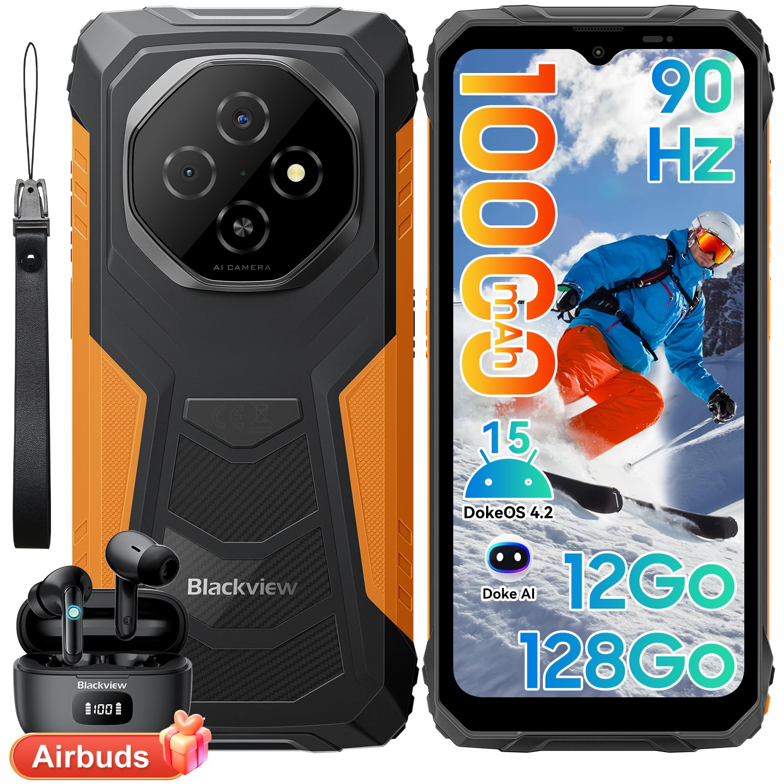 Blackview Fort 1 Rugged Smartphone, Batteria 10000mAh Telefono Indistruttibile, Android 15 Celluare Antiurto, 6.56''HD+, 12(4+8) GB+128GB/2TB TF, AI 16MP, IP68/NFC/OTG/Face ID/2 Anni Garanzia