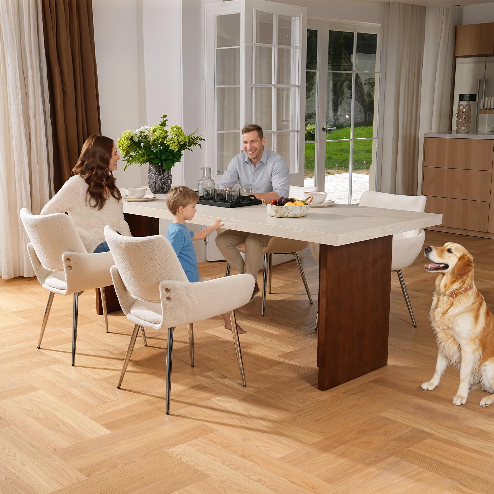 ELUCHANG 4 Sillas de Comedor, Chenilla​ Blanco Hueso, con Respaldo y Reposabrazos,Patas metálicas, para Comedor, Tocador, Cocina, Estables 150 kg