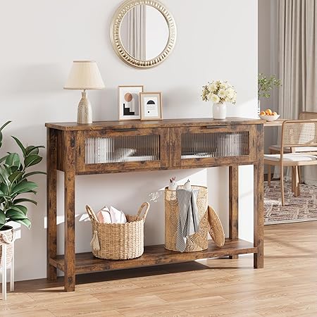 GAOMON Entryway Table, Wood Console Table with 2 Glass Drawers, 2 Tier Sofa Table with Storage for Living Room, Foyer Tables for Entryway-Vintage