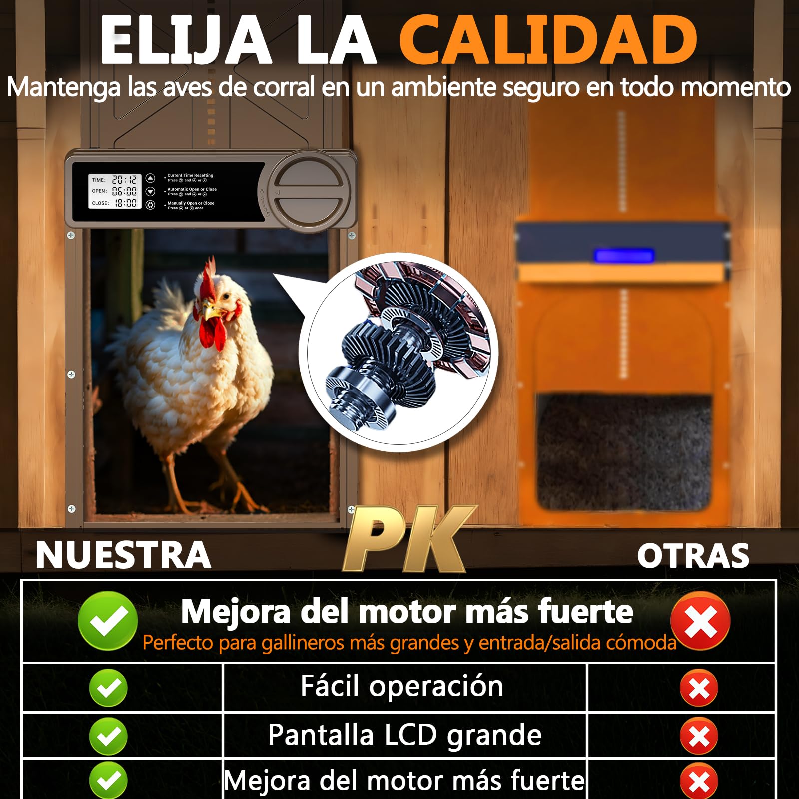Puerta Gallinero Automatica Grande con Pantalla LCD, Puerta Automática Gallinero con Función Manual y Temporizador | Aluminio | Anti-atrapamiento, Puerta Gallinero Alimentada por Batería