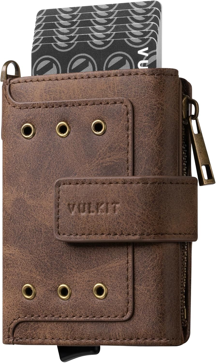 VULKIT Mens Wallet RFID Protected with POP UP Credit Card Ejector Case, ID Window, Zipper Pocket for Coins and Compartment for Bills/Banknotes, Coffee Brown