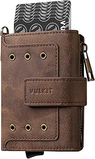 VULKIT Cartera Hombre con Tarjetero Automático Pop-up de Protección RFID, Billetera Minimalista para Tarjetas de Crédito (MAX. 10 Tarjetas), Billetes y Monedas, Café