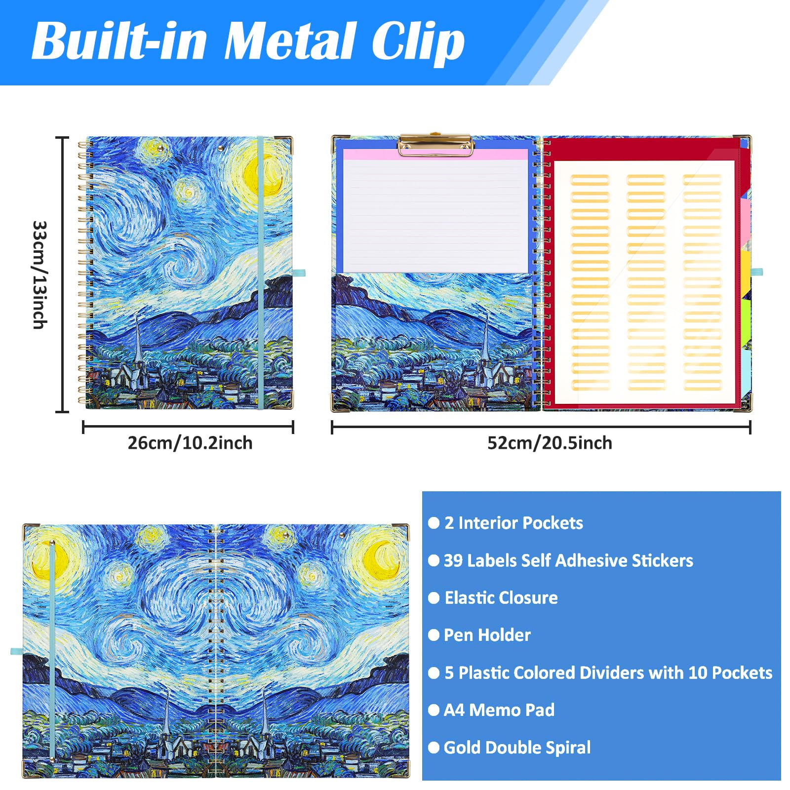 Spiral Clipboard Folio with Storage, Clipboard Folder, Versatile Clipfolio with Refillable Notepad, 5 Colored Dividers with 10 Pockets for School Office Nurse (Starry Night, Medium)