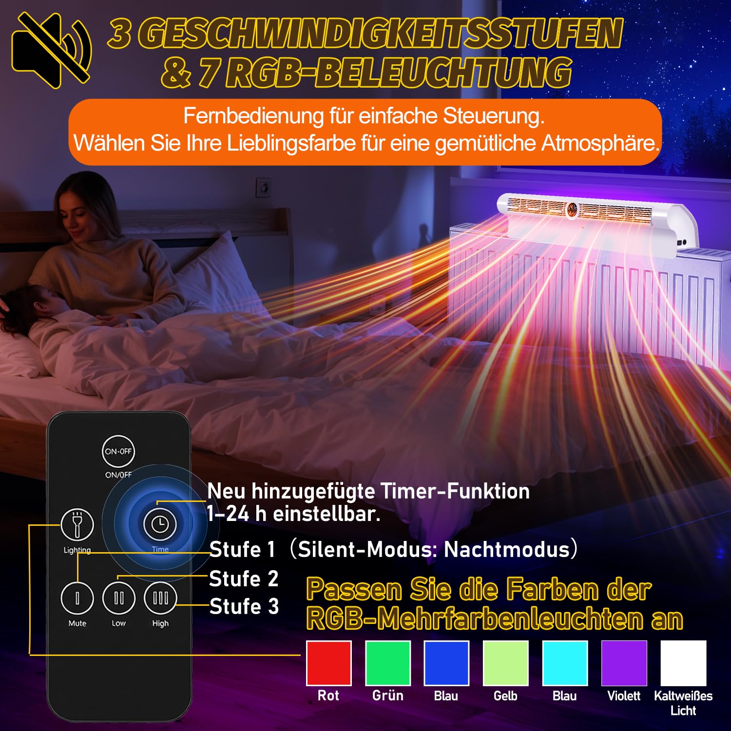 Heizkörper Ventilator mit 6 Auslässen, 7-Farben-RGB
