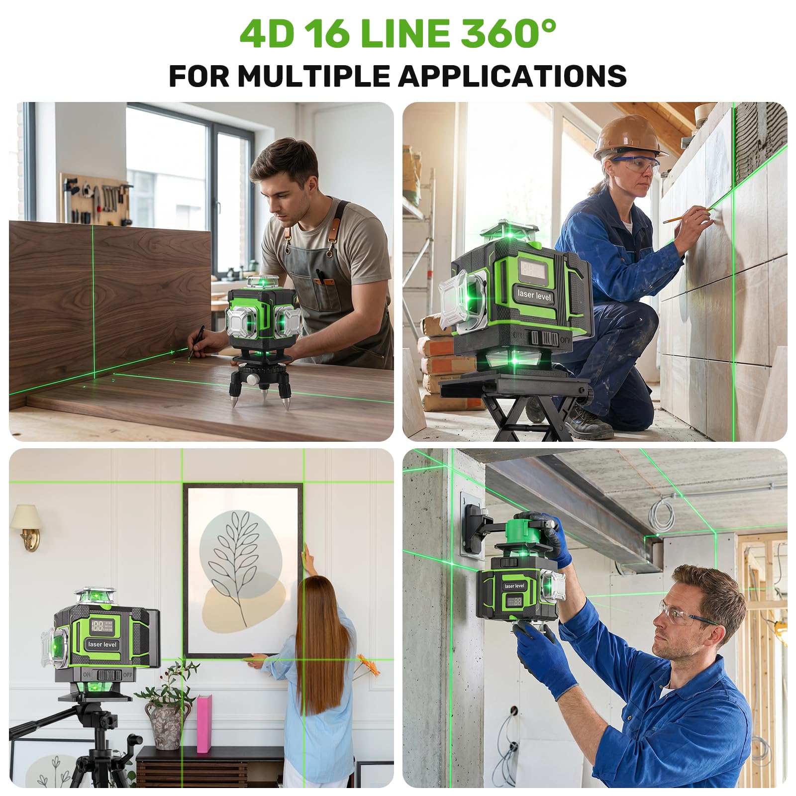 Nivel Láser Autonivelante 16 Líneas 4x360° Verde con 2 Baterías | Láser Autonivelante Profesional con Control Remoto, Modo Manual y Automático, Nivel Láser para Azulejos Techos y Pladur