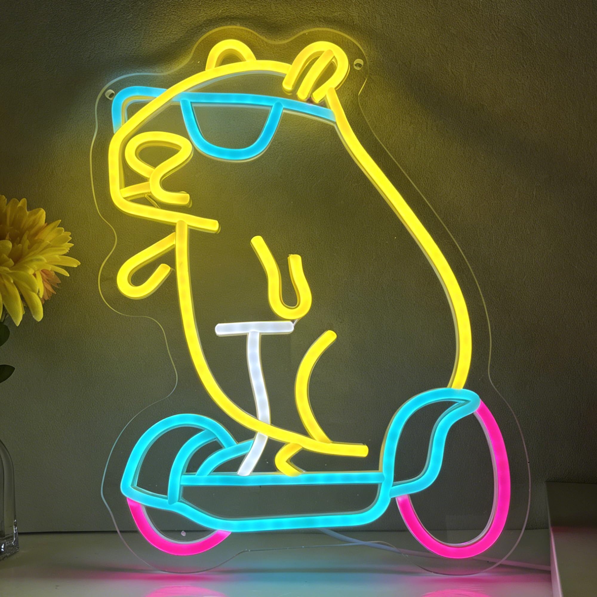Capybara Hoverboard Neon Sign, Cute Dimmable Led Neon Night Lights Up Animal Capybara Decor for Bedroom Living Room Man Cave Home Bar Wall Decoration, Birthday Party Christmas Gifts for Kids Girls