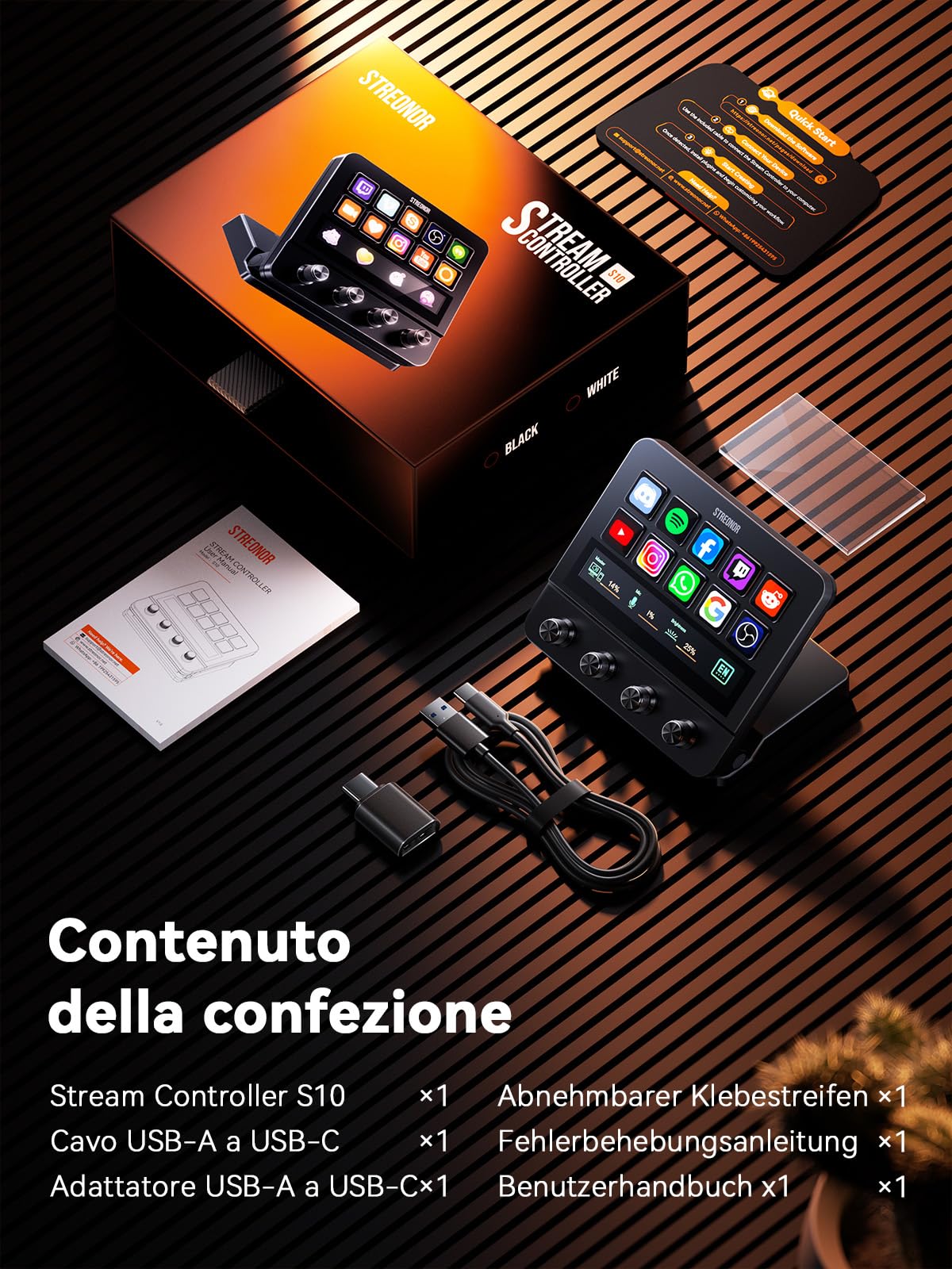STREONOR Stream Control Deck Pro S10 con 10 tasti Touch Bar 4 manopole | Stream Controller per OBS, Twitch, Discord, ecc., ideale per streaming, editing video e gaming, compatibile Mac/Windows