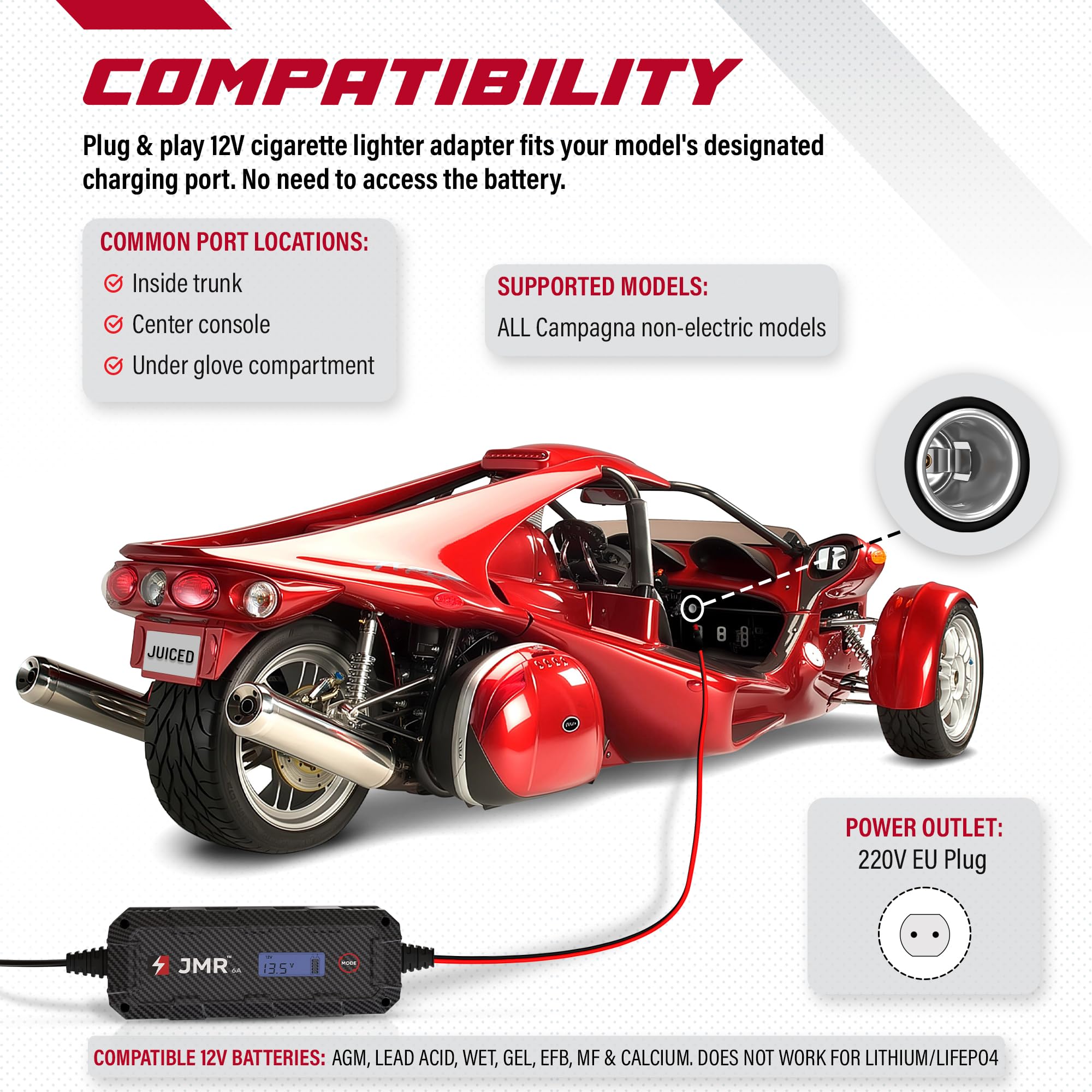 JMR Battery Charger for Campagna T-Rex V13R All Models Trickle Charger Conditioner Maintainer (Add Lithium Mode)