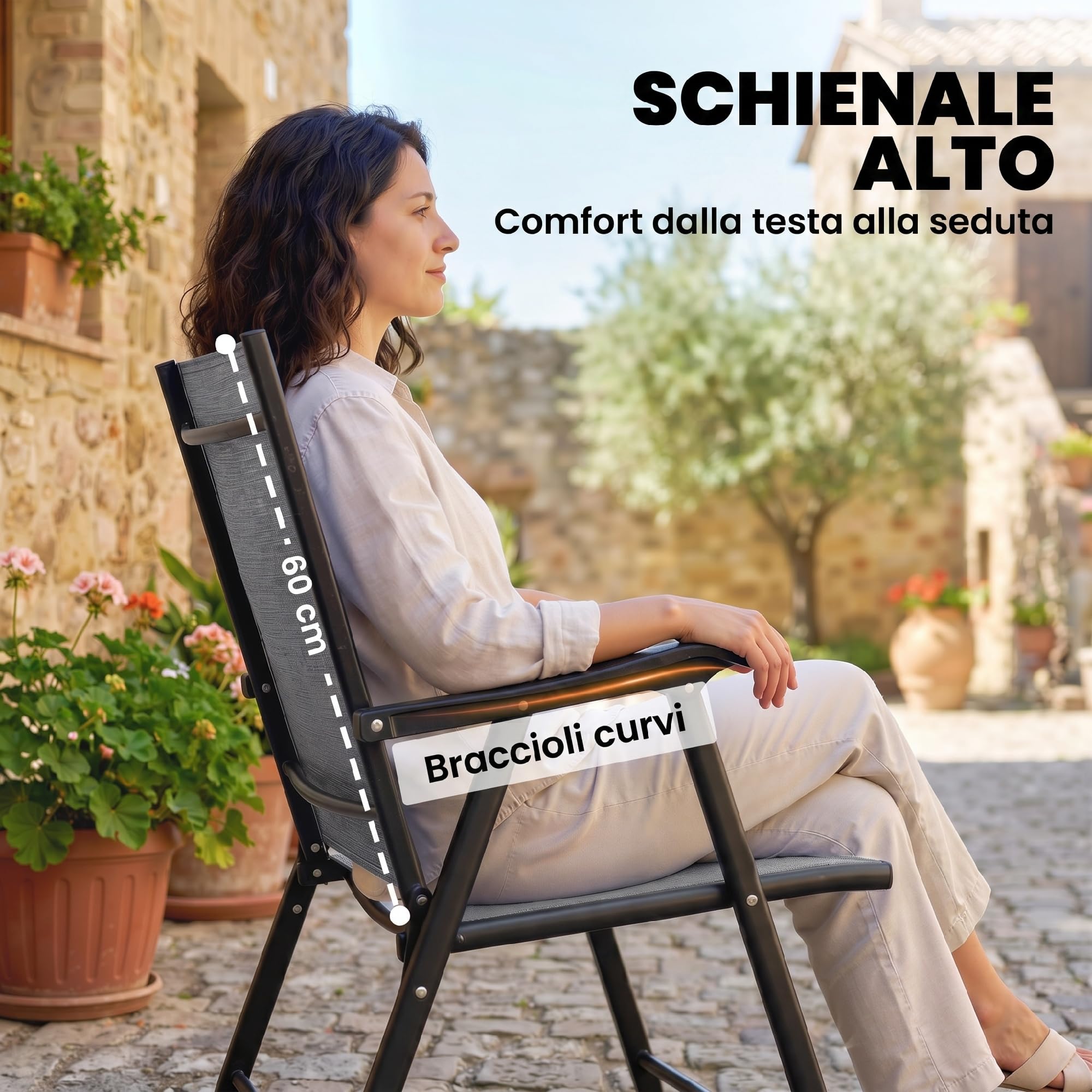 Outsunny Set di 2 Sedie da Giardino Pieghevoli, Sedie da Pranzo per Esterni con Schienale Alto e Braccioli, Tessuto Traspirante Texteline e Telaio in Acciaio per Terrazzo e Balcone, Grigio Chiaro