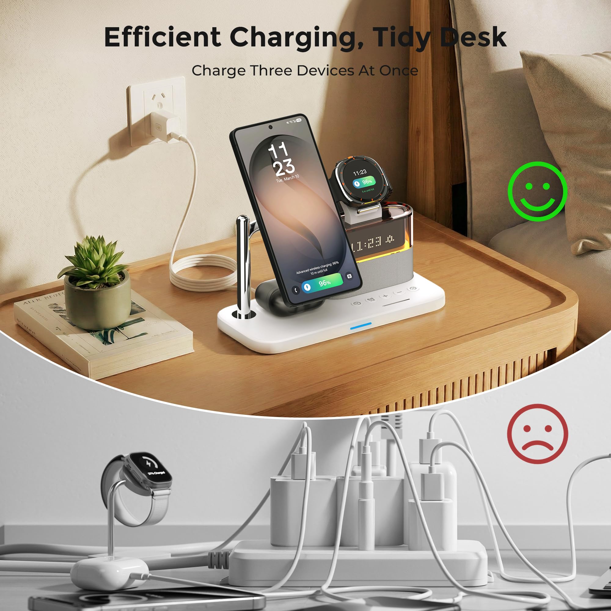Chargeur sans Fil 3 en 1 pour Samsung/Android avec Anneau Magnétique, Station de Charge Induction pour Galaxy S25/S24/S23/S22, Montre et Buds, Support de Charge avec Réveil et Adaptateur QC 3.0