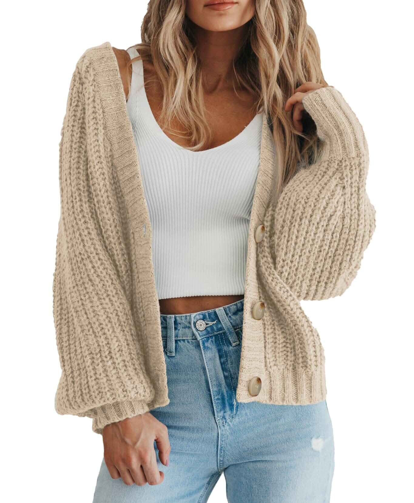 PRETTYGARDEN Women's Chunky Knit Open Front Cardigan Sweaters Fall Outfits V Neck Button Loose Short Cardigan Outerwear Coats, Slouchy Drop Shoulder Loose Cute Sweaters, Fall Clothes for Work & Office