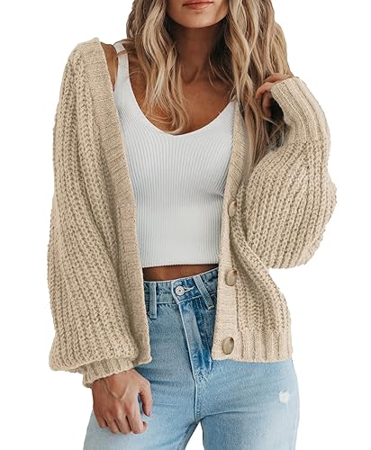 PRETTYGARDEN Women's Chunky Knit Open Front Sweater Long Sleeve Button Loose Short Cardigan Outerwear Coats
