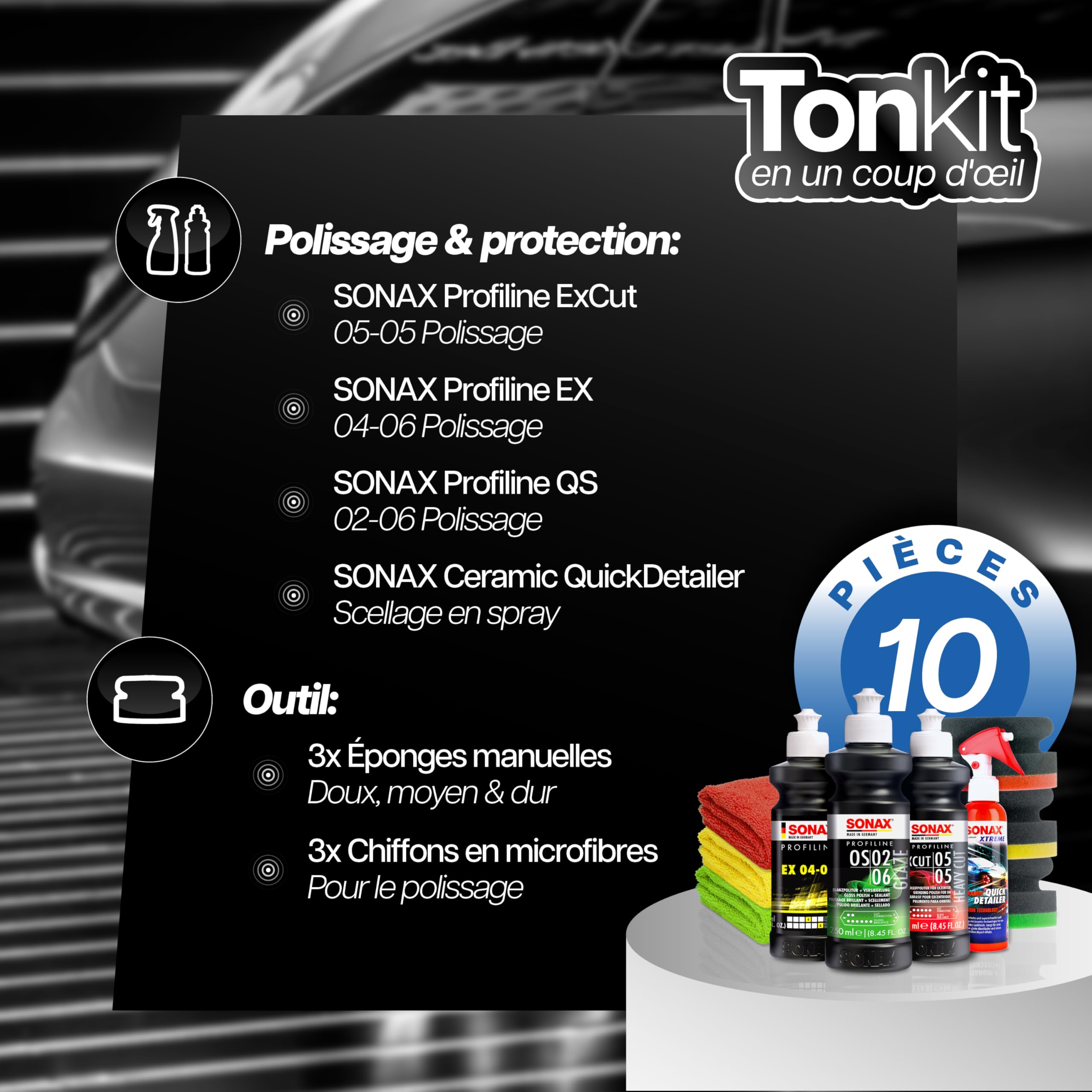 Set de polissage automobile | Sonax Profiline ExCut 05-05 contre les rayures profondes + EX 04-06 Polissage haute brillance + OS 02-06 Polissage de finition + Quick Detailer + 3 x tampon de polissage