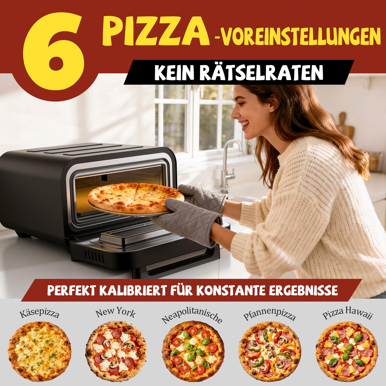 Elektrischer Pizzaofen - 6 Programme, 1700W, max. 450°C, geeignet für 32cm Pizzen - 5-in-1-Multifunktion: Pizza, Grillen, Warmhalten, Backen und Kochen