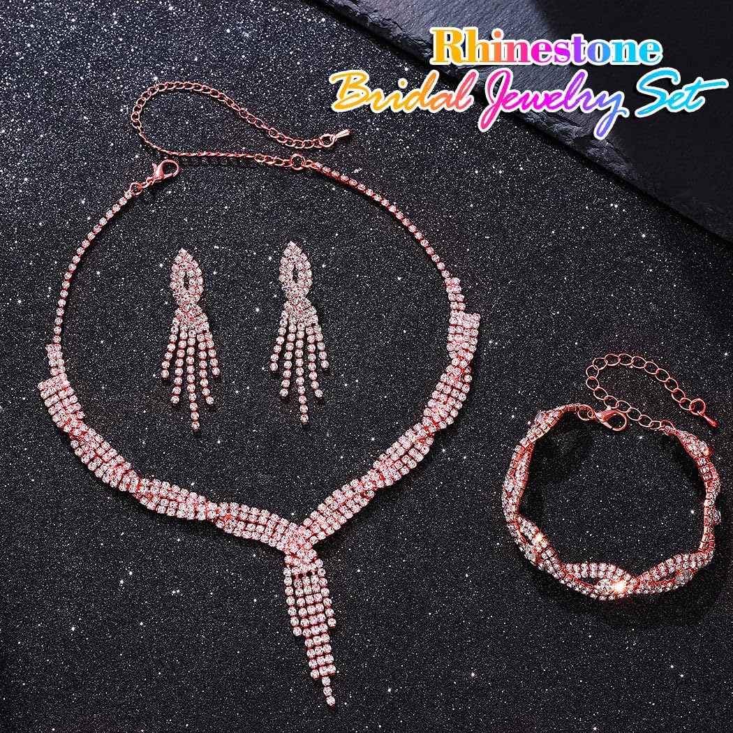 Aukmla Rhinestones Prom Bridal Jewelry Set Sparkly Wedding Necklace Earrings Bracelet Sets for Women and Brides - Image 2