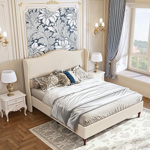 Miniatura 4 de koorlian Marco de Cama Tamaño Queen Cama Plataforma Tapizada con Cabecera Alta de 51" con Respaldo Alado, Tela Suave, Cama Plataforma de Estilo