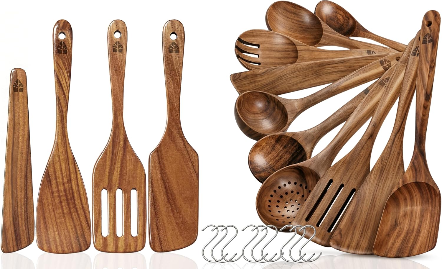 Wooden Spoons for Cooking 10 Pcs with Hooks, Wooden Spatula for Cooking 4 Pcs - Premium Teak Wood - Durable, Nonstick Safe, Easy to Clean, Heat Resistant