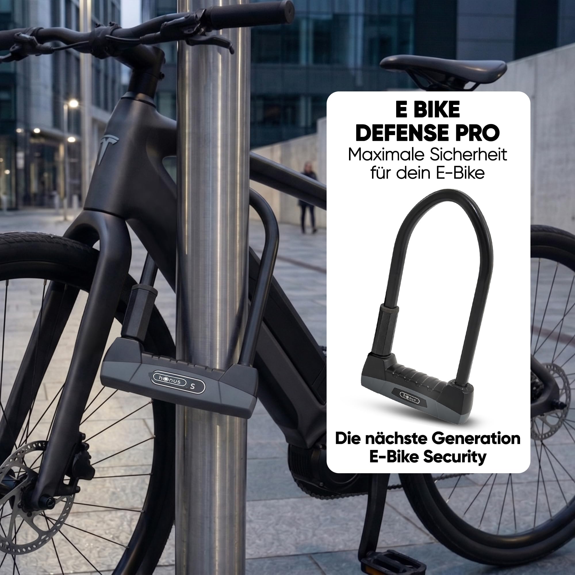 HONUS Bügelschloss E Bike - Fahrradschloss E-Bike DEFENSE PRO Sicherheit | Speziell für E-Bikes - Hohe Sicherheitsstufe - Mit Schlüssel - Robust & Wetterfest - Designed in Germany - Diebstahlschutz