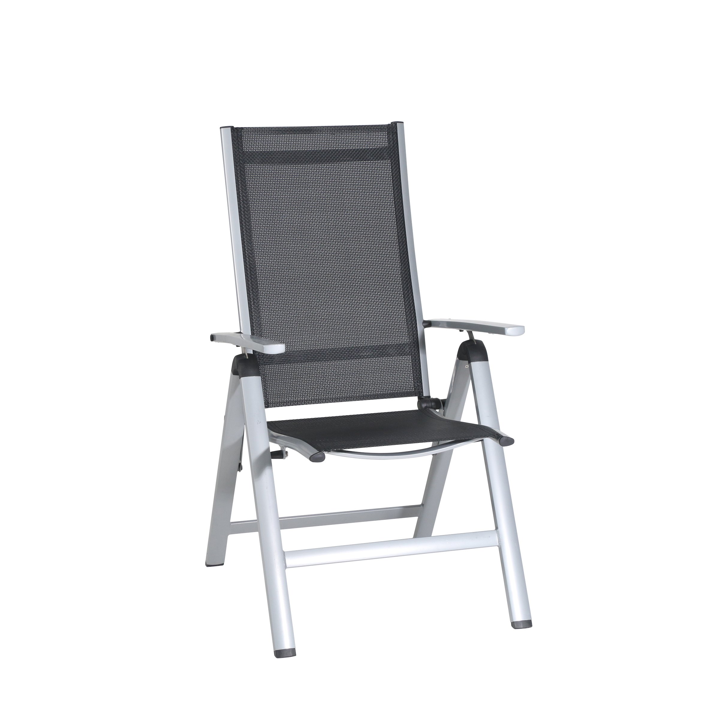 Greemotion Silla de Jardín Plegable Monza, Silla Abatible de Aluminio y Textilene, Sillón de Balcón Respaldo Reclinable con 8 Posiciones, Plateado/Negro