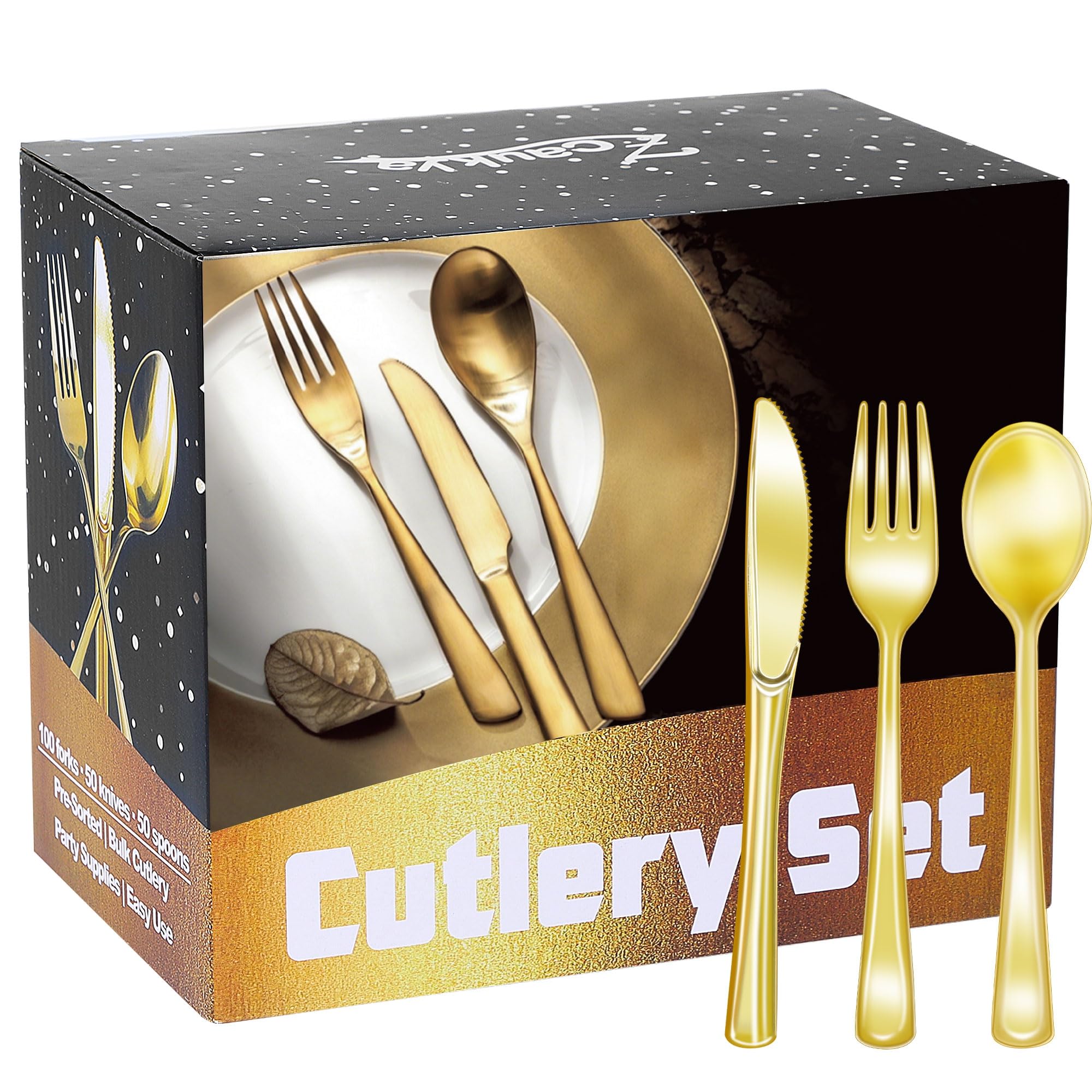 Zcaukya 200 Pieces Gold Plastic Silverware Set, Disposable Cutlery Set Including 100 Forks, 50 Knives and 50 Spoons, Eating Implements Flatware in Bulk for Dinner, Weddings and Birthday Parties