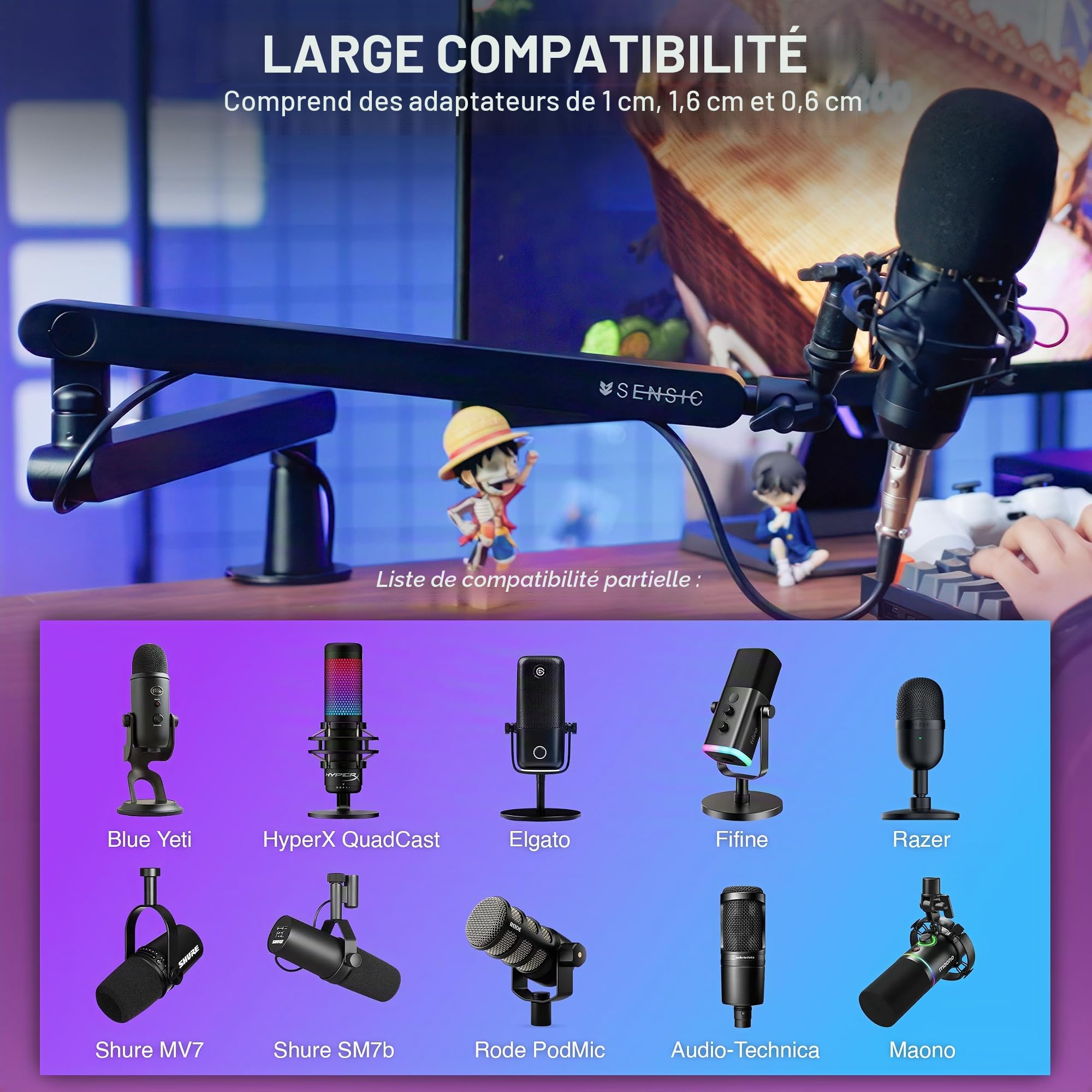 Sensic SA-30 LP Bras de microphone à profil bas, support de micro rotatif à 360°, bras de microphone à profil bas pour streaming avec gestion des câbles, support de microphone professionnel, bras