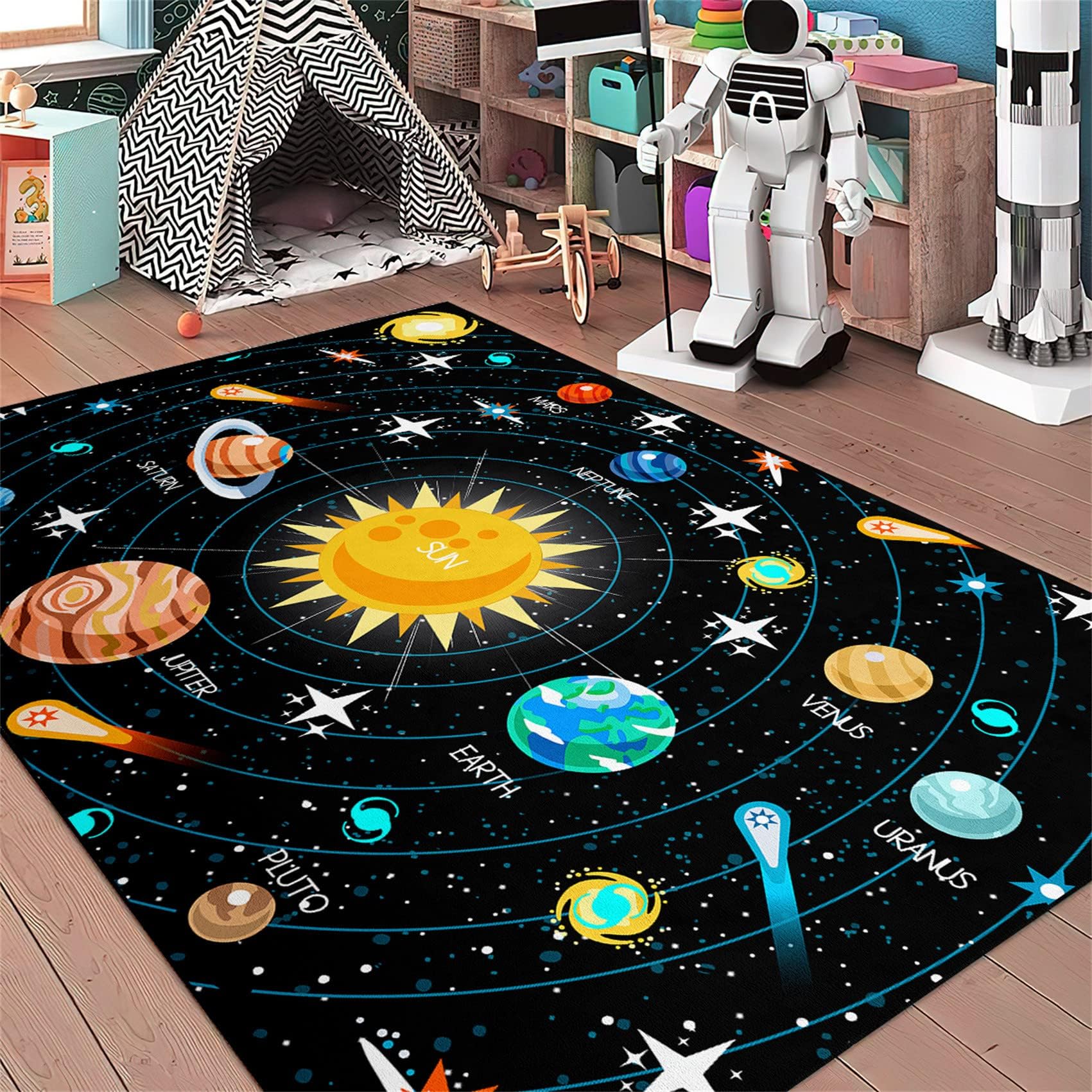 Bycmuoz Solar System Theme Children's Rug, 80x150cm, Mars Moon Satellite Outer Space Hallway Carpet, Absorbent Breathable Non-Shedding Mat, Easy Clean Cozy Washable Carpet for Sofa Runner — image 1