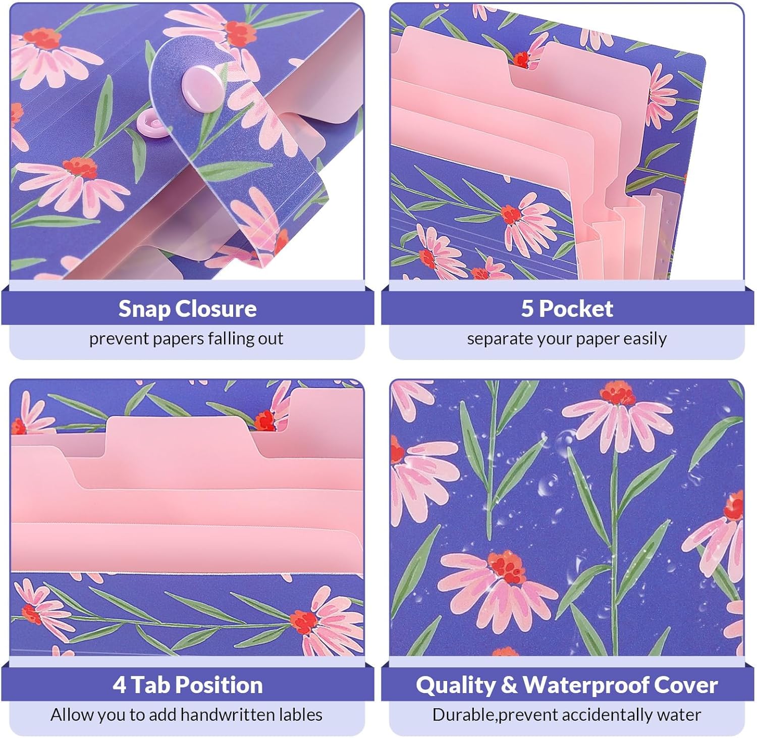 SKYDUE Accordion File Organizer, Floral Expanding File Folders with 5 Pockets, Cute Document Organizer for Paper Storage, School Office & Hospital Supplies Letter/A4 Size Periwinkle Blue - Image 8
