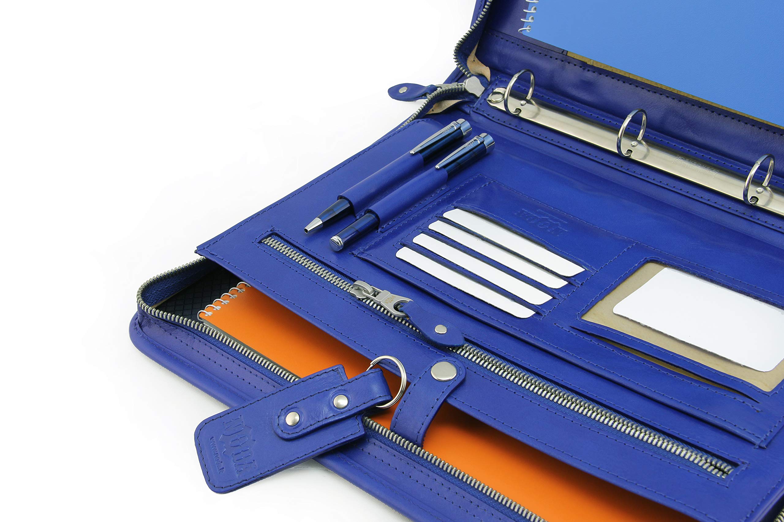 Skórzany organizer teczka na dokumenty a4 skórzany uchwyt na portfel, etui na tablet, skórzany segregator, 4-pierścieniowy segregator (niebieski)