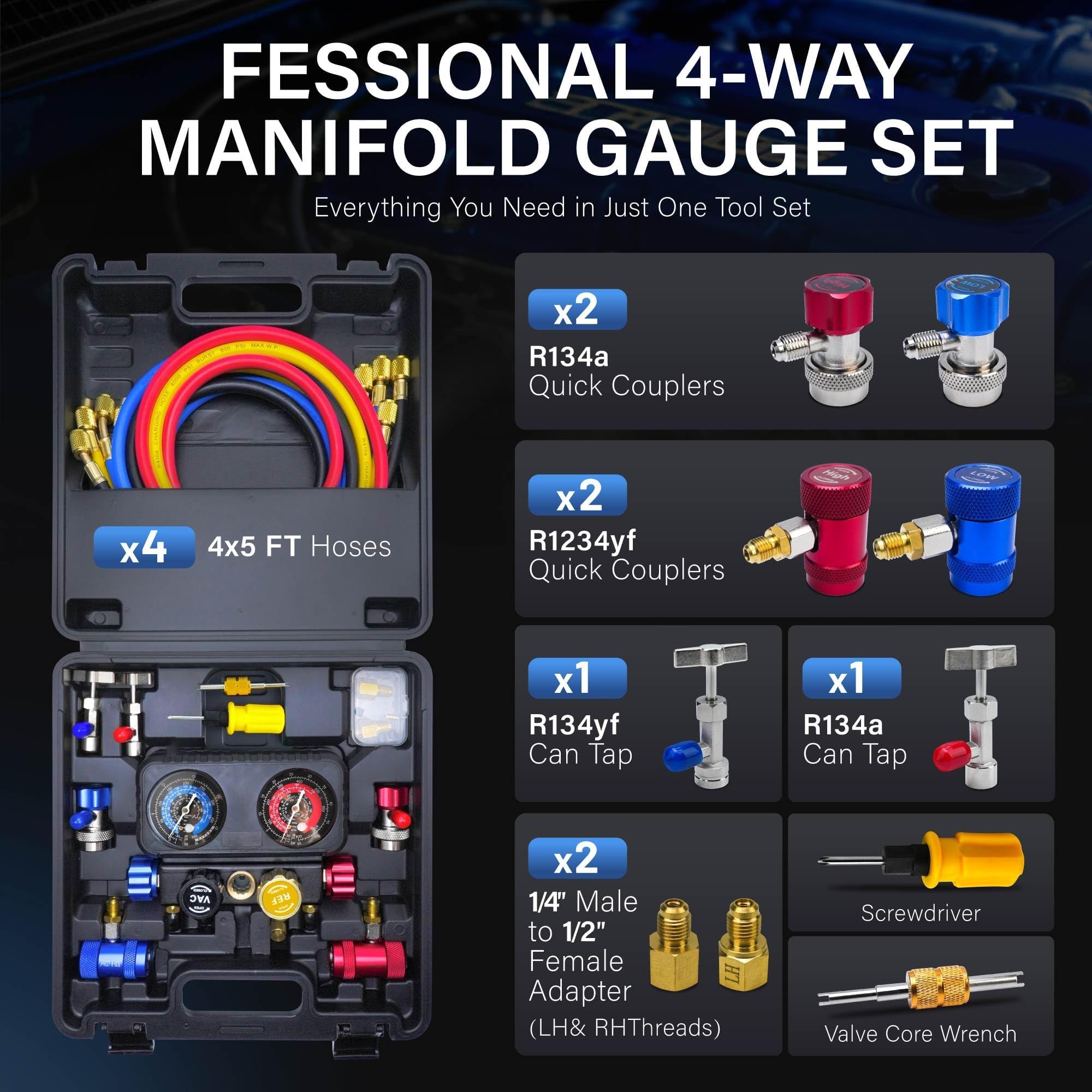 CALPOSE Juego de medidores de aire acondicionado R1234yf, juego de manómetros de aire acondicionado de 4 vías para refrigerante R1234yf R134a R404a, juego de manómetros de 4 válvulas con mangueras de