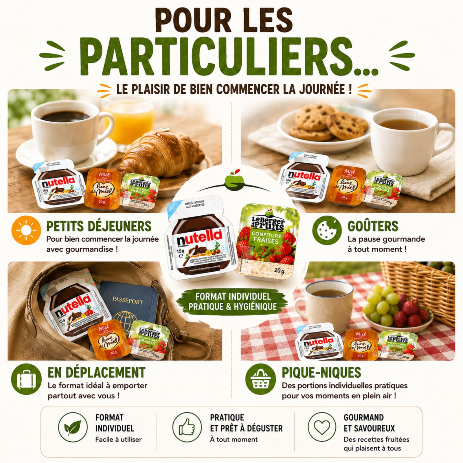 60 Barquettes LE BERGER DES FRUITS/NUT/LUNE DE MIEL | Assortiment de 12 Miel + 24 Pâtes à tartiner + 24 confitures assorties : Pêche, Fraise, Prune, Abricot en Portions Individuelles