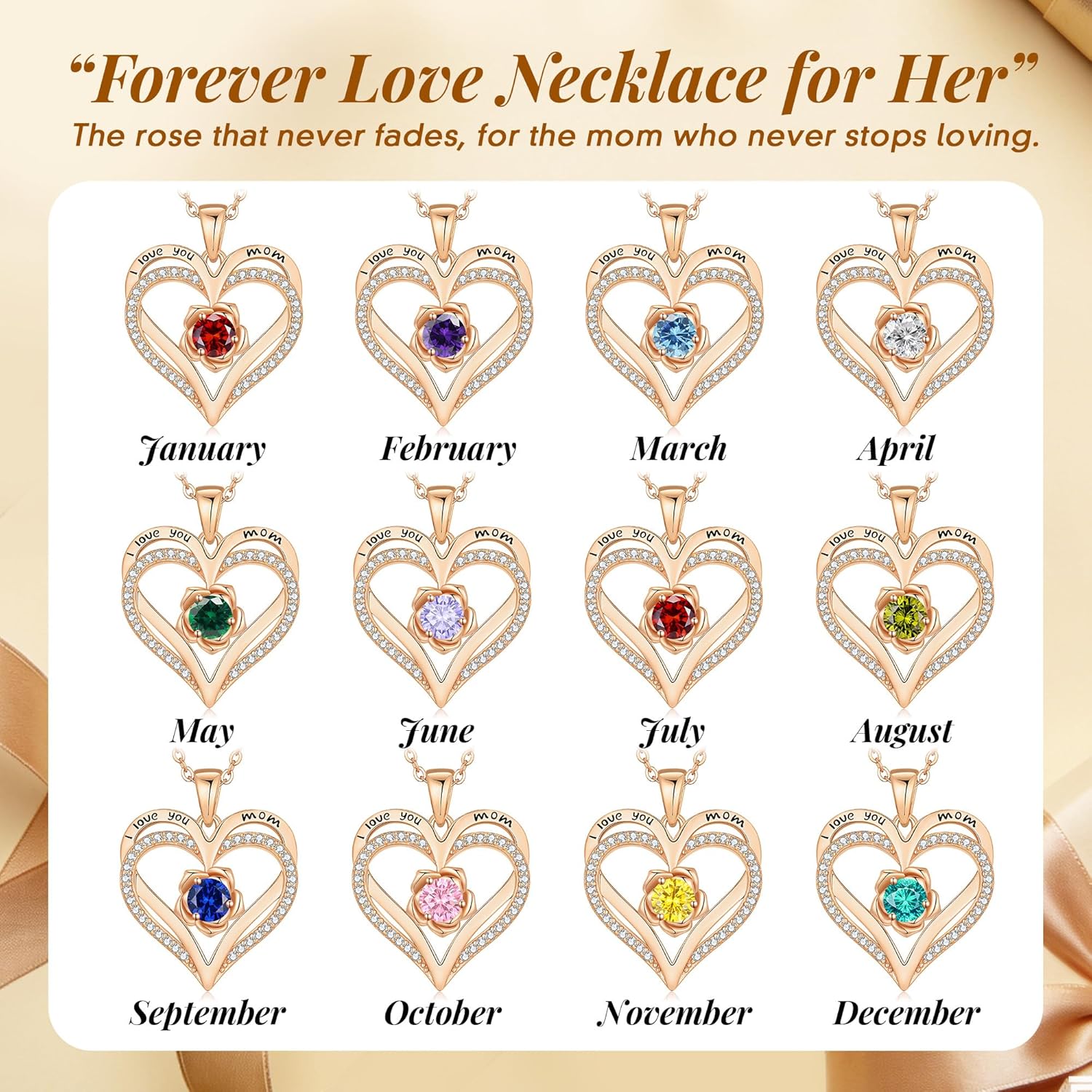 CDE Mothers Day Gifts I Love You Mom Heart Birthstone Necklace From Daughter Son Rose Jewelry Christmas Birthday Gifts for Women Grandma Nana New Mom