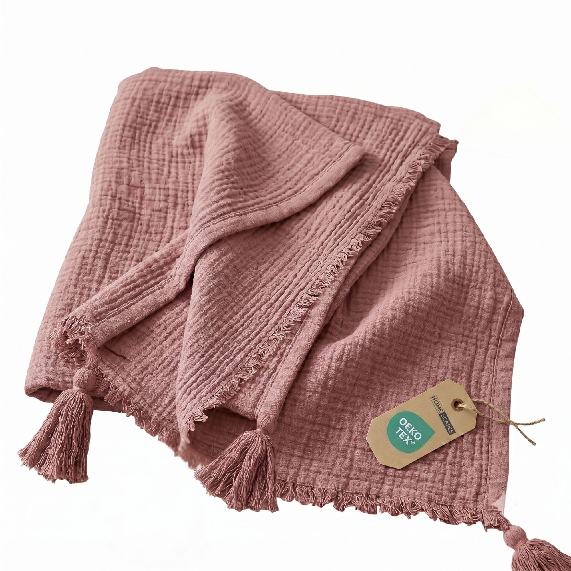 HOMESCAPES Plaid in garza di cotone, 127 x 180 cm, con nappine, coperta leggera e traspirante, 100% cotone, copridivano o letto, colore: rosa