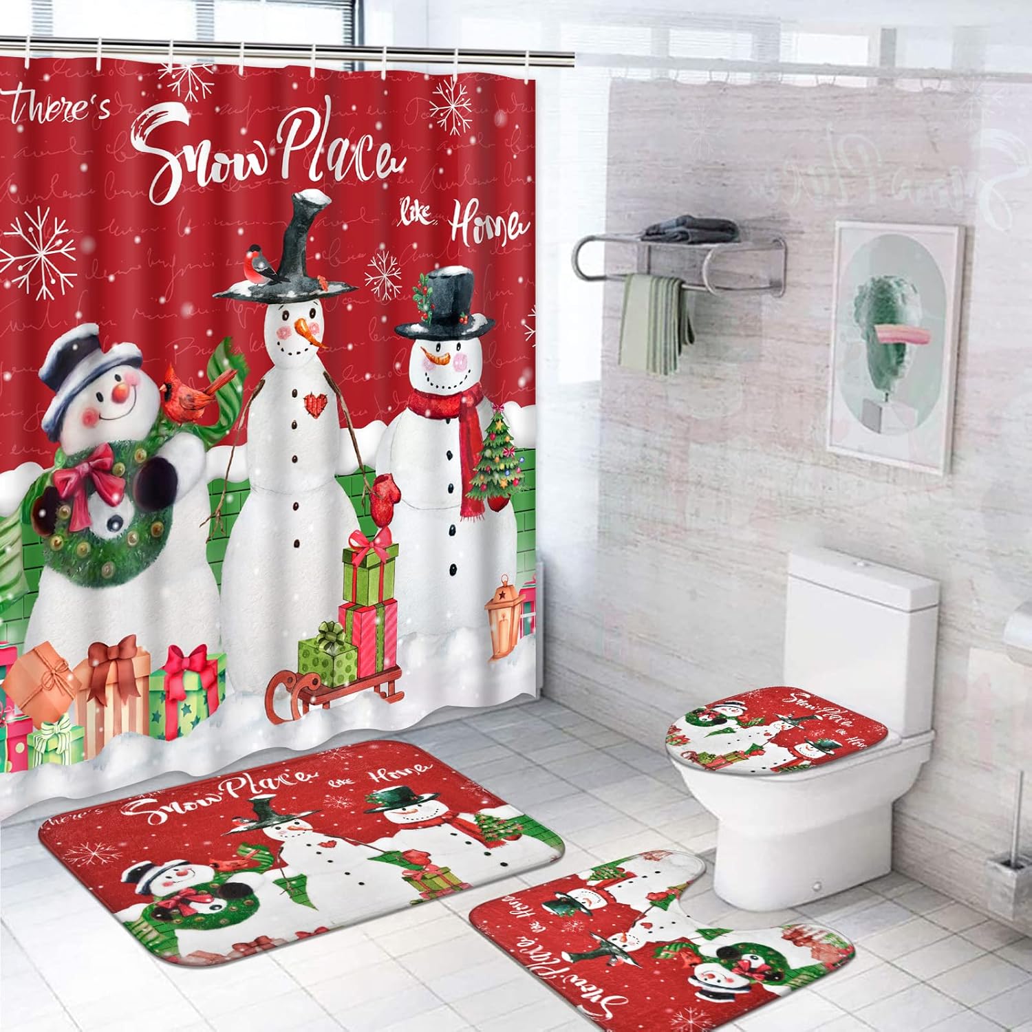 Alishomtll 4 Pcs Christmas Shower Curtain Set Winter