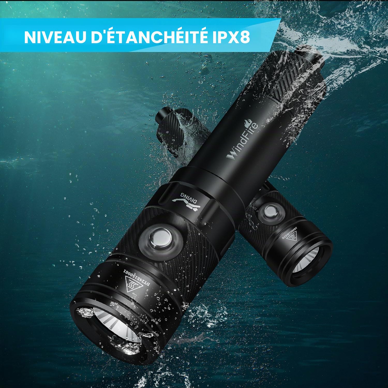 WINDFIRE Lampe de plongée, 5000 Lumens Torche de Plongée, Lampe Plongee sous-Marine Rechargeable, Étanche IPX8, 4 modes, Lampe de Poche avec Indicateur de Puissance pour la plongée de nuit