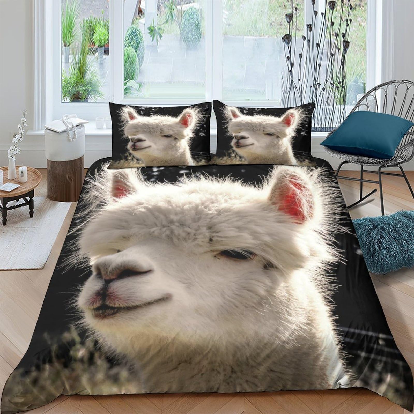 GPLZQXKJNH 3D Printed Alpaca Funny Animal Duvet Cover Microfiber Soft Breathable White Llama Bedding Set with 2 Pillowcases for Bedroom Home Decor Single（135x200cm）
