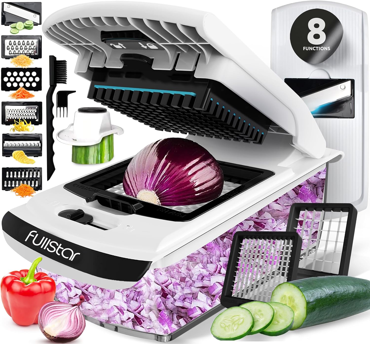 Fullstar Vegetable Chopper and Mandoline Slicer – Cheese Grater, Food Chopper with Container, Kitchen Accessories, Home Essentials (8 in 1, White)