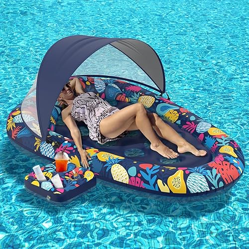 Miniatura 1 de Flotadores de piscina 3 en 1, tumbona para adultos con toldo desmontable y soporte para tazas, flotador inflable para flotar en la piscina, flotador