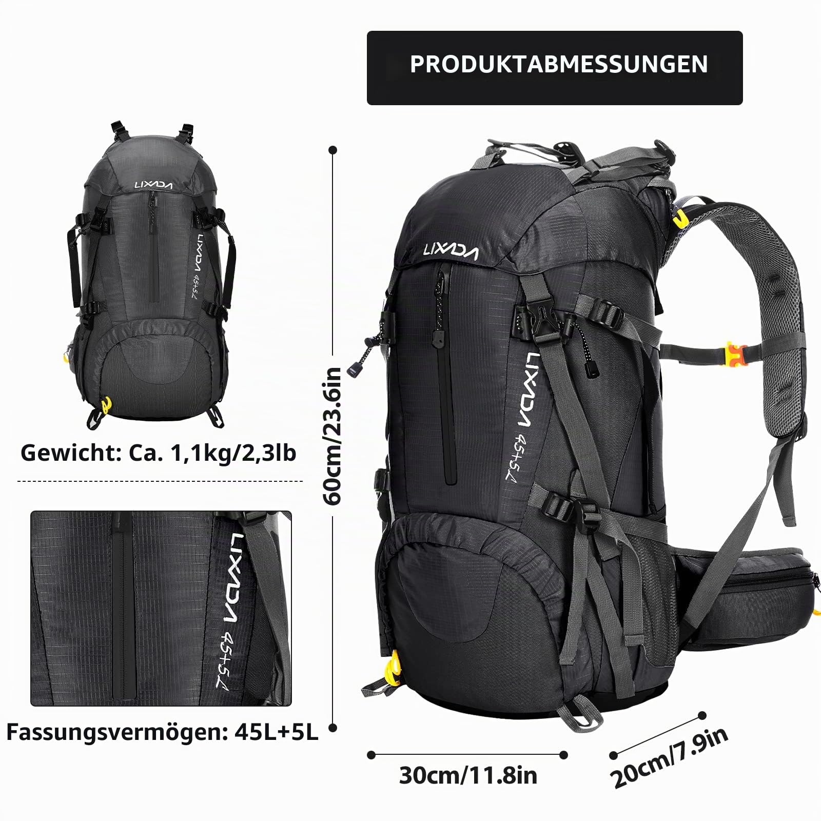 Lixada Wanderrucksack, 50 l, mit Schutzhülle, wasserdicht, ultraleicht, für Bergsteigen, Klettern, Trekking, Sport, Reisen, Camping