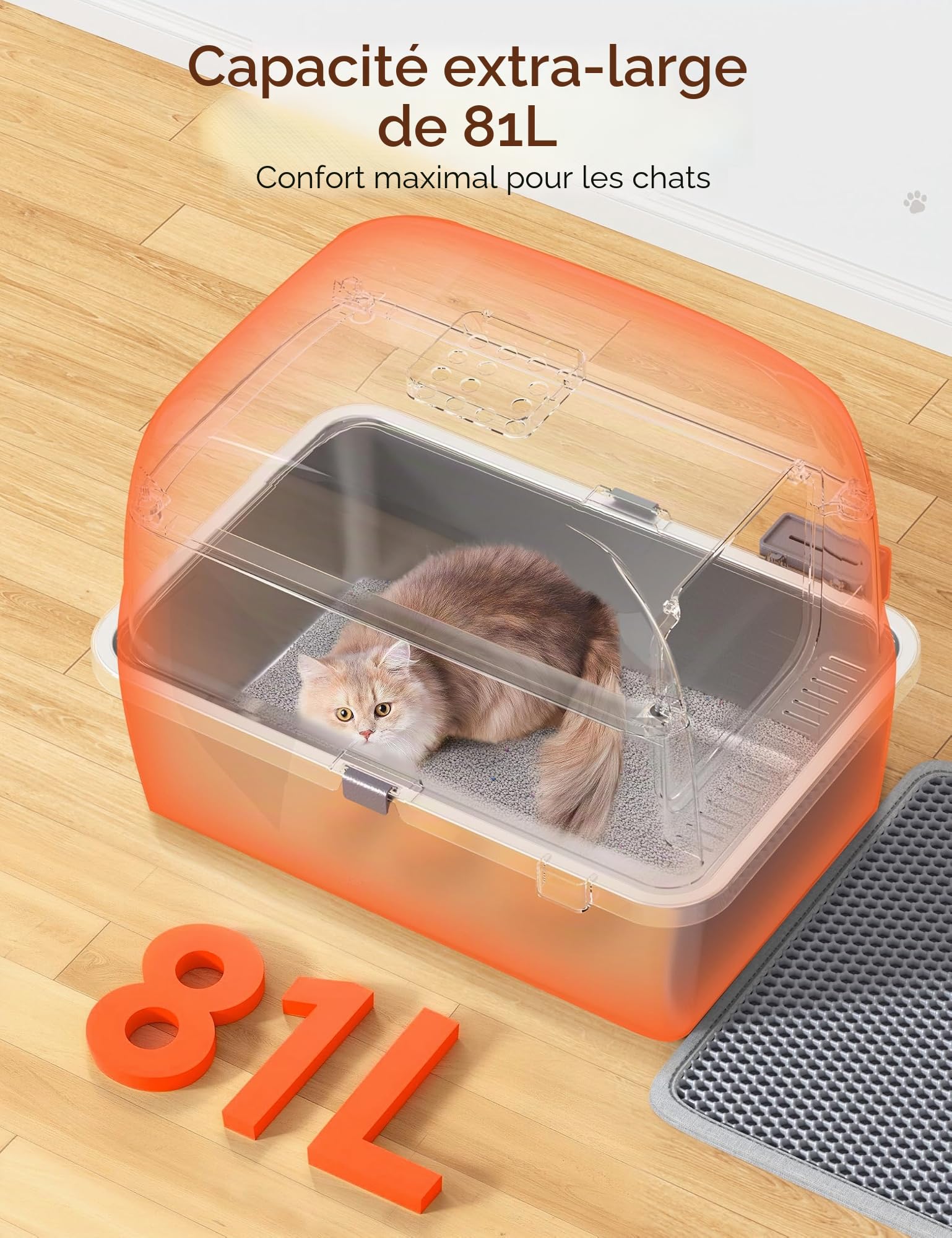 MeoWant Bac à Litière Chat XXL Acier Inoxydable 60x40x45cm, Toilette Fermée Amovible Anti-Fuite Anti-Dérapant, Grand Espace Multi-Chats, Accessoires Inclus Pelle Tapis Sac Charbon Actif Couleur Gris