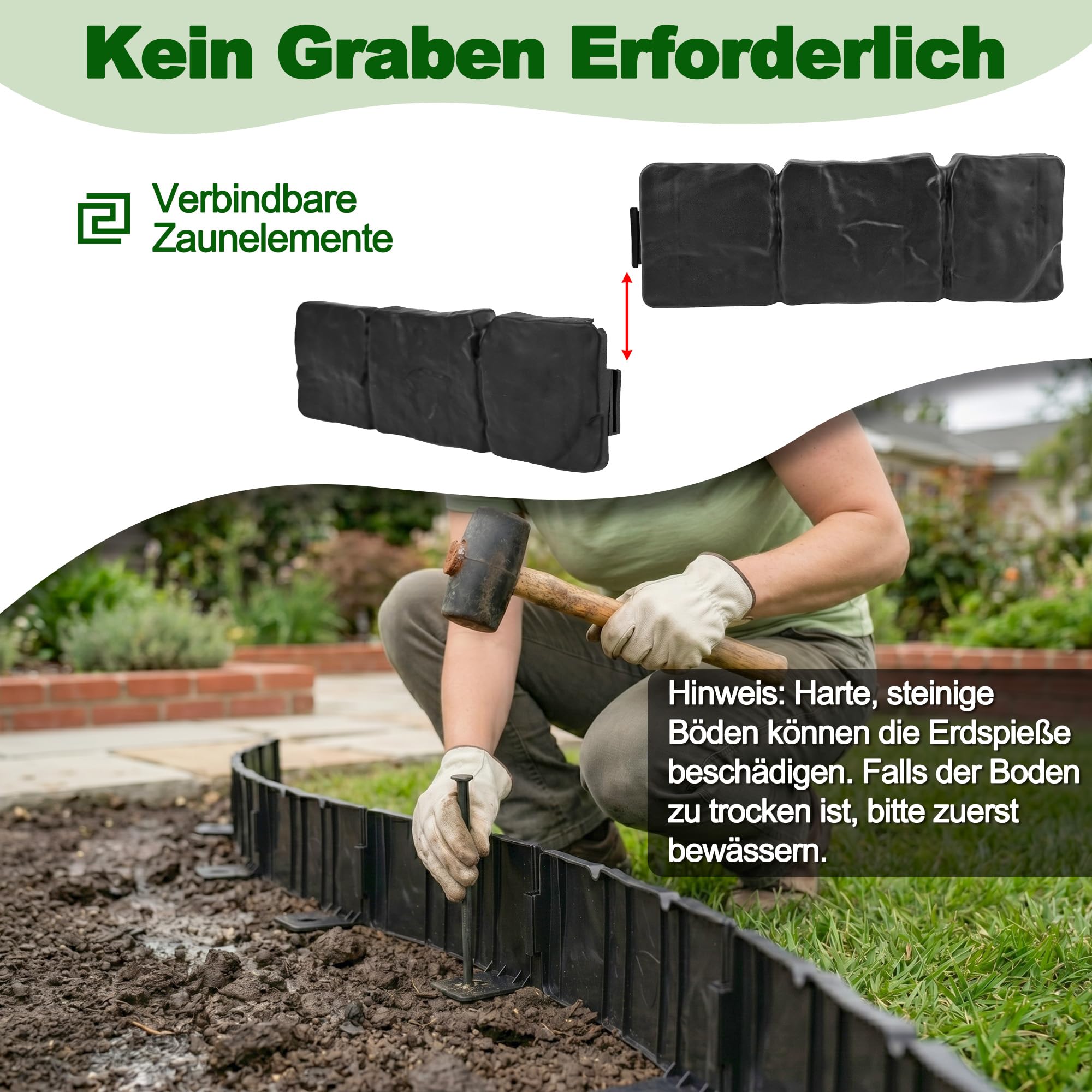 Rasenkante Kunststoff 10m,Flexible Beeteinfassung Steinoptik mit Erdspießen