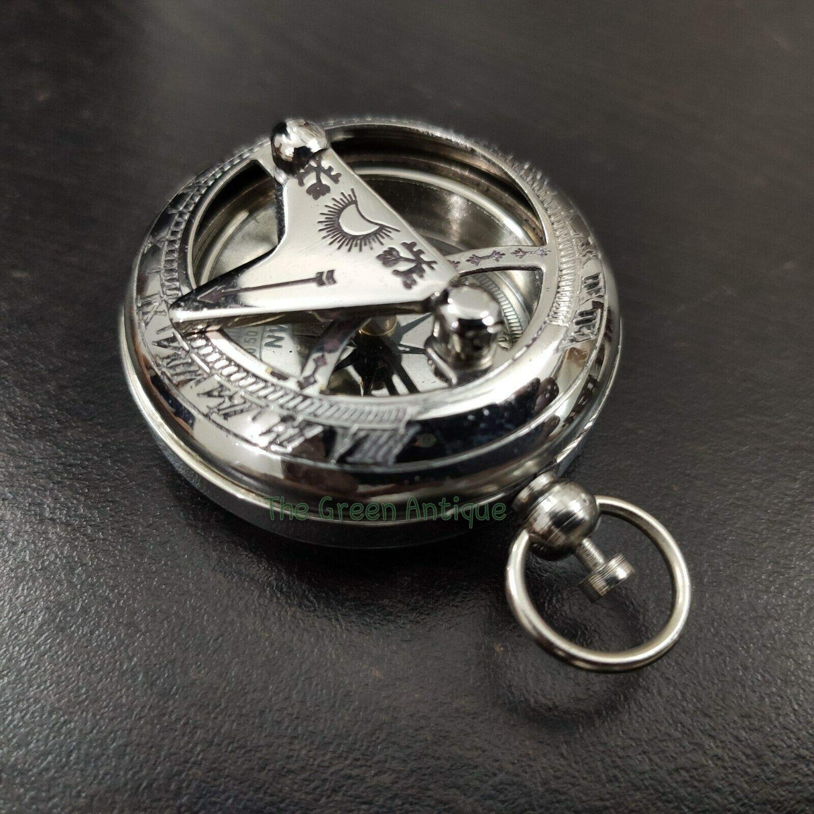 Brass Chrome Finish Press Button Sundial Compass Maritime Collectible Gift