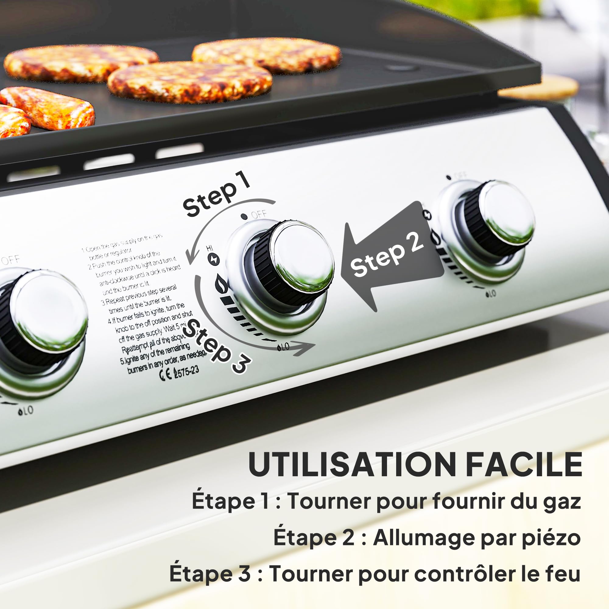 Outsunny Plancha Gaz 3 Brûleurs 7,5kW avec Couvercle Surface 61x35,5cm Noir | Gaz Liquéfié/Propane, Portable pour Extérieur, Jusqu'à 6/8 Convives