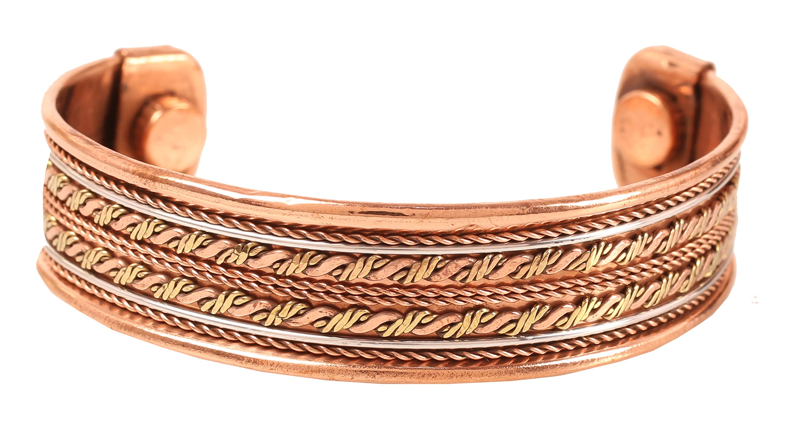 Touchstone Copper Magnetic Hand Forged With Solid And High Gauge Tibetan Minimalistic Elegance Pure Copper Mesmerizing Pattern Bracelet In Triple Tones.