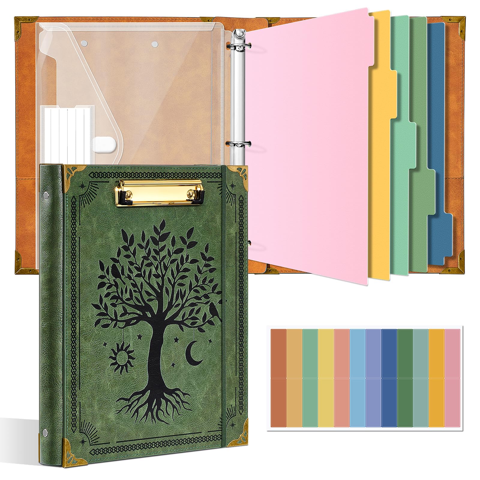 Ovesmusl 1 Inch 3 Ring Binder with Clipboard Leather Round Ring Binder with 5 Dividers, Plastic Folder, 400 Divider Stikers, Fits 175 Sheets 8.5"x11" Letter Size Paper, Tree of Life Green
